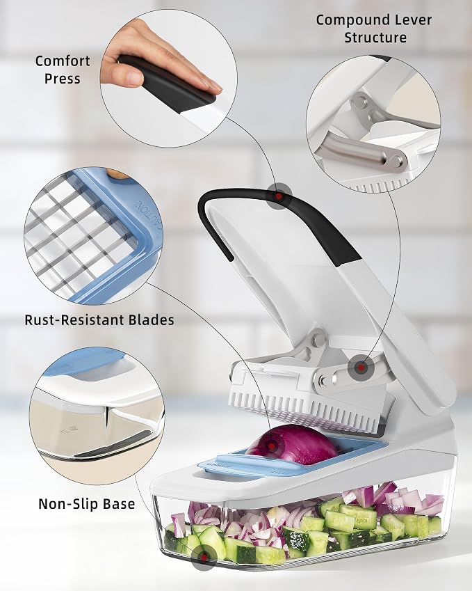 MR.SIGA Vegetable Chopper with Container, Vegetable Cutter for Onion Fruit | 50% less effort for every chop, 2 in 1 manual food veggie chopper with 2 stainless steel chopping blades