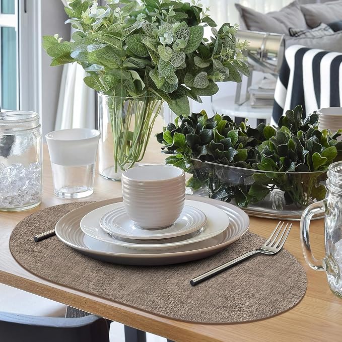 Placemats Set of 12-17" x 11.8" Waterproof & Heat Resistant Oval Place Mats, Wipeable Washable Double Layer Faux Leather Table Mats, Dark Brown