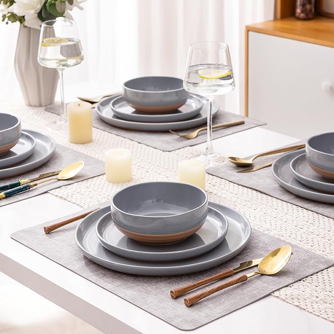 AmorArc Dinnerware Sets for 8, 24 Pieces Ceramic Plates and Bowls Set | Scratch Resistant Stoneware Dishes Set, Dishwasher & Microwave Safe,Gray