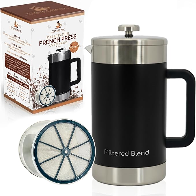 54 oz French Press Coffee Maker, Stainless Steel, Double Filter, Black | 54 oz Capacity, French Press Coffee Maker, Stainless Steel, Double Mesh Filter, Hot & Cold Brewer, Travel Friendly, Black