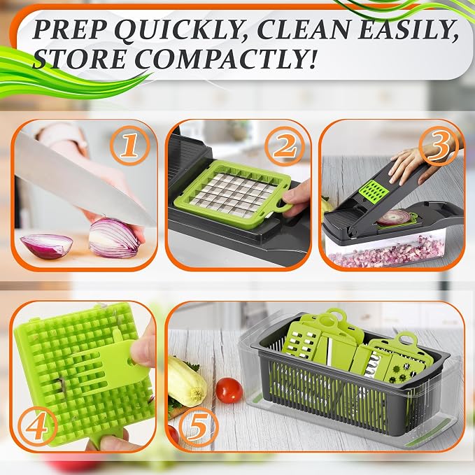 14-in-1 Vegetable Chopper with Container, 6 Blades & Finger Guard | Veggie Chopper with Container and Lid, Cheese Grater & Egg Separator, Dishwasher Safe, Dices Onion, Potato, Chips & Cubes