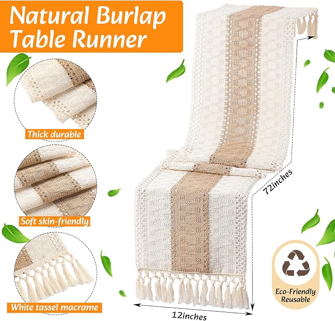 6 Sets Boho Decoration Placemats Round Woven Placemats, Cloth Napkins, Wood Bead Napkin Rings, Long Table Runner and Farmhouse Burlap Cotton for Table Kitchen (Khaki,12x72)