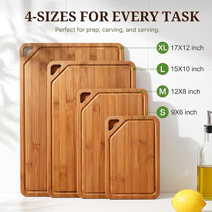 GASHELL Bamboo Cutting Board Set with Beeswax Coating for Kitchen(S+M+L+XL) | Deep-Carbonized Chopping Board with Juice Grooves, Non-toxic, Lightweight, Reversible, Meal Prep & Serving