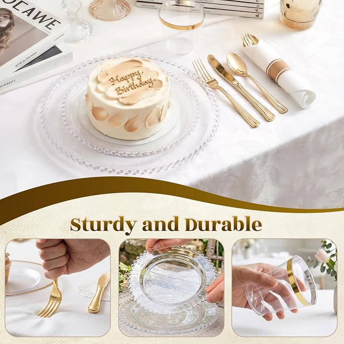 350pcs Plastic Dinnerware Set Clear 50 Guests for Wedding | Fancy Beaded Plastic Plates Include 100 Elegant Plastic Plates,50 Cups and 50 Pre Rolled Napkins with Cutlery Set
