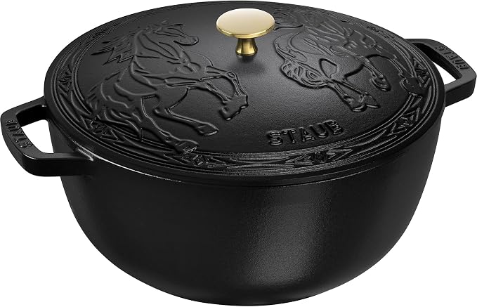 Staub Cast Iron Essential French Oven, Dutch Oven, 5-quart, serves 5-6, Made in France, with Horse Lid - Matte Black