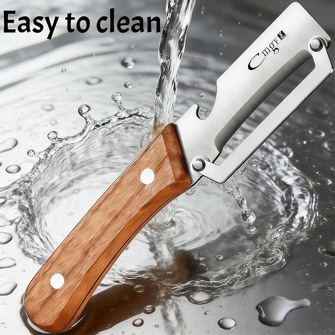 TEEVEA Left-Handed Vegetable Peeler 2-in-1 Stainless Steel Wood Handle | Multifunctional with Built-in Bottle Opener, Zero Flex Zero Snag Blade, Ultra Sharp for Fruit Potato Apple Veg, Kitchen Tool