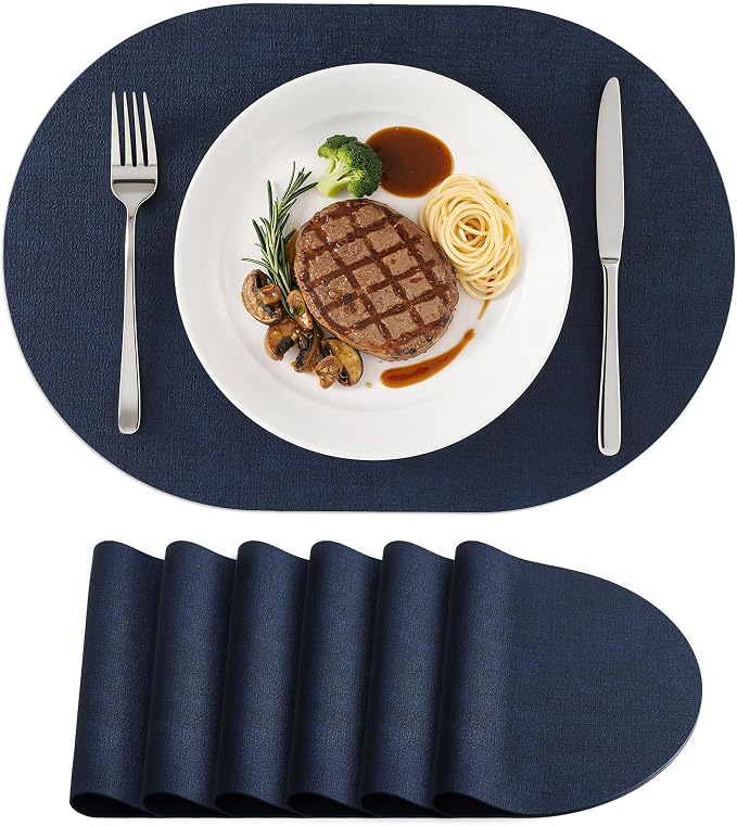 Placemats Set of 6, 11.8 x 17 Inch, Navy | Heat Resistant Oval Faux Leather Place Mats, Waterproof Wipeable Reversible PU Placemat, Indoor & Outdoor