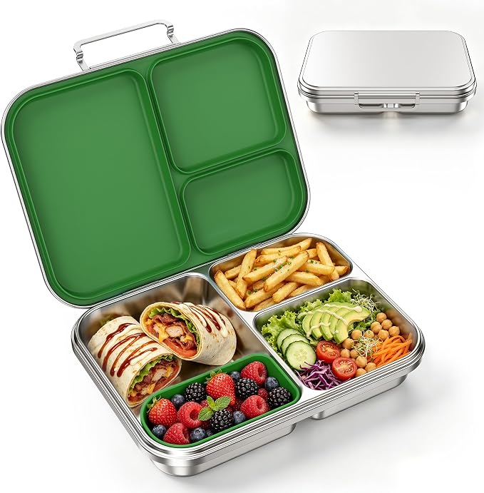 Stainless Steel Bento Lunch Box for Kids and Adults,3 Compartment Meal Lunch Box with Detachable Silicone Lid,Leak-Resistant Food Container with Snack Cup for School,BPA-Free(Green)