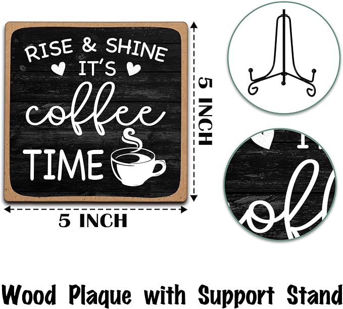 Farmhouse Coffee Bar Sign, Rise & Shine It's Coffee Time | 5"x5" Wood Plaque with Stand Gift for Home Kitchen Tabletop Decor | B09