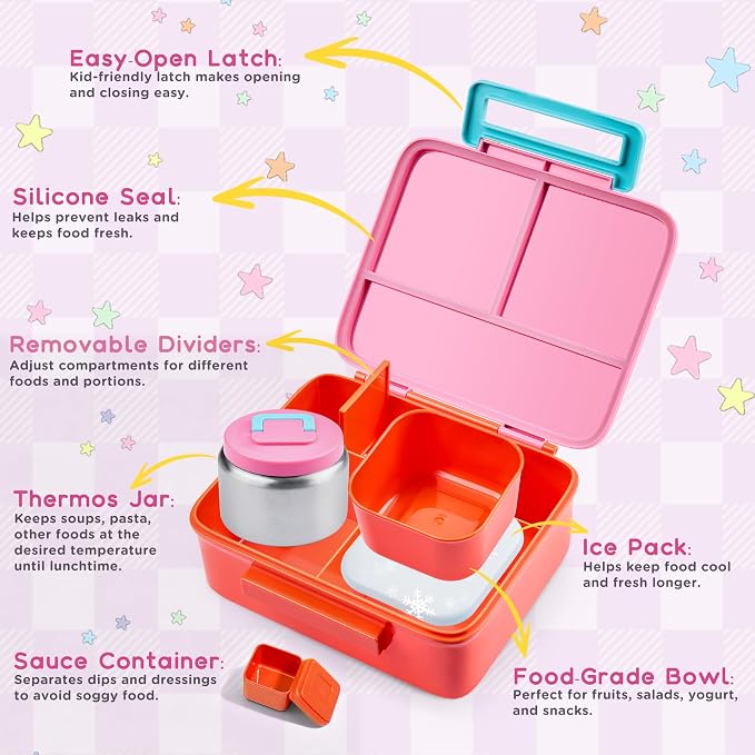 Bento Lunch Box for Kids with 8oz Soup Thermo Leak-Proof Lunch Food Containers with Snack Sauce Container for Kid Girls Boys to School,Pink Bag