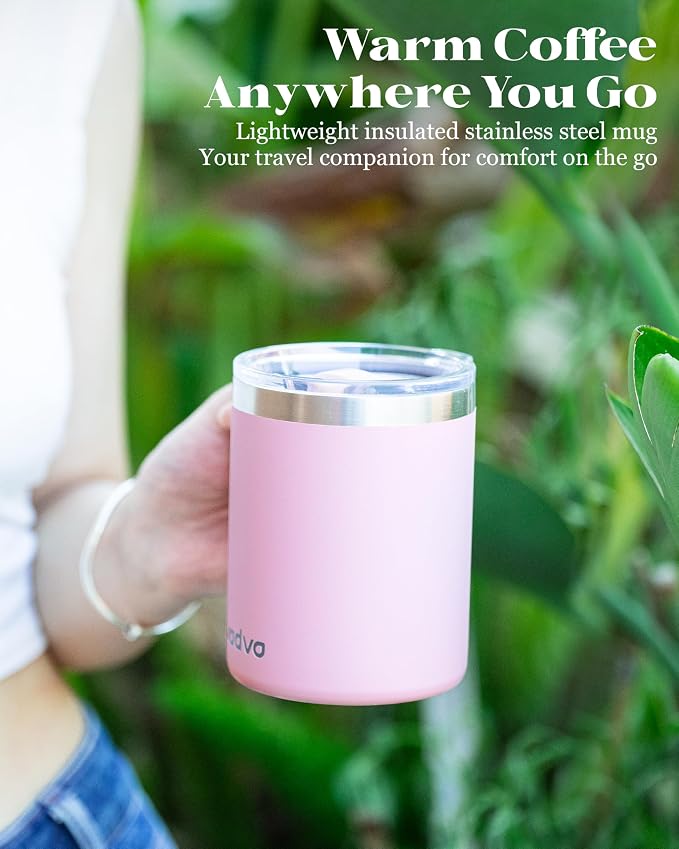 12oz Insulated Coffee Mug with Lid – Includes Two Lids, Stainless Steel Coffee Travel Mug with Handle, Double Wall Vacuum Insulated Camping Mug for Home, Office & Outdoor, Light Pink