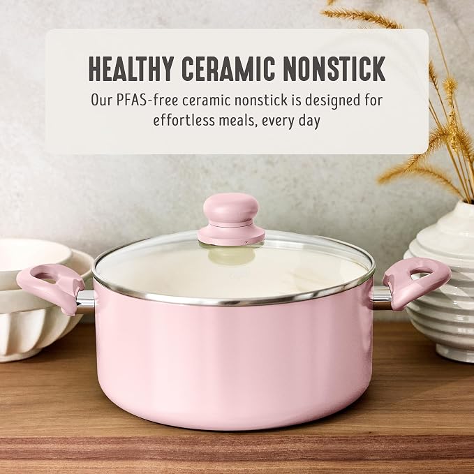 GreenLife 5QT Ceramic Nonstick Stockpot with Lid, Blush Pink | PFAS-Free Nonstick Coating, Casserole Pot, Soup Pot, Pasta Pot, Induction Ready, All Stovetop Compatible, Dishwasher Safe