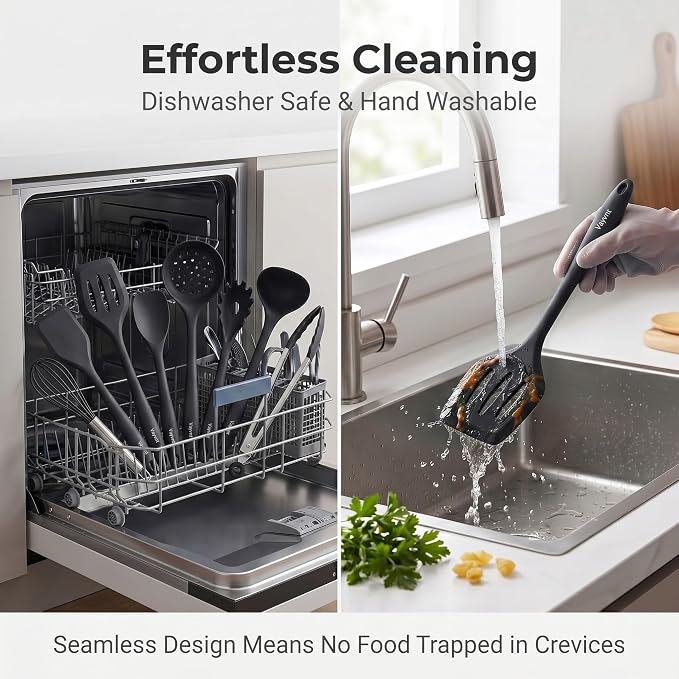 Vayvnt Kitchen Utensils Set, 10PCS Silicone Utensils Set for Cooking, Black | Non Toxic, One-piece Silicone, Non Scratch on Pot and Pans, Heat Resistant to 480℉, Food Grade Spoon Whisk, Dishwasher Safe