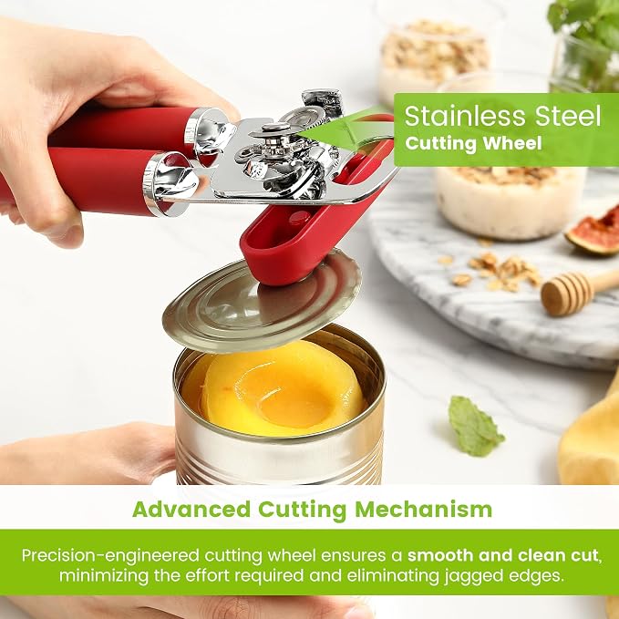 Spring Chef Stainless Steel Manual Can Opener with Soft Grip Handles, Red | Heavy Duty Hand Can Opener for Seniors with Smooth Edge, Easy Turn, 3in1 Can Opener with Magnetic Lid Remover & Bottle Opener