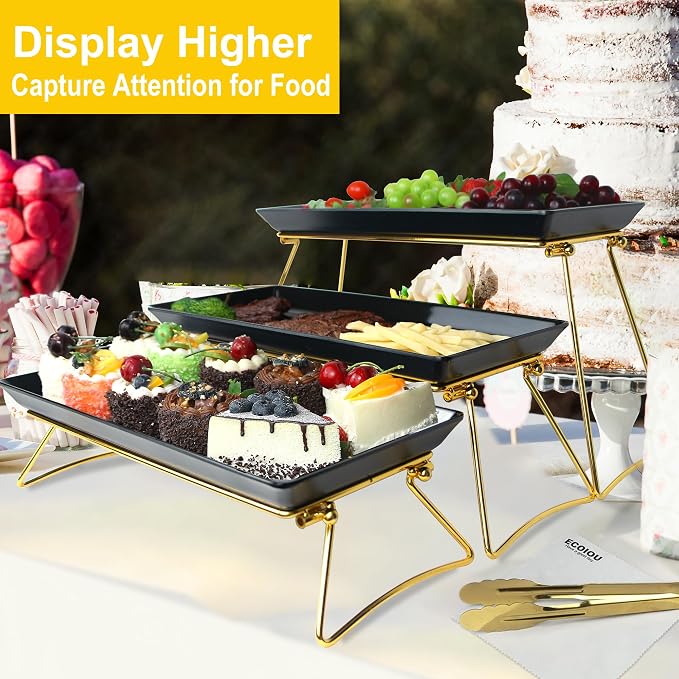 ECOIOU Extra Large 3 Tier Serving Tray, 24 x22 x 9.8 Inch | Melamine Tiered Tray Stand and Platters for Party Buffet Entertaining, Black and Gold