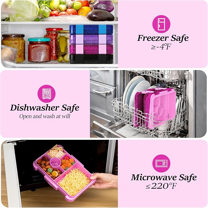 Bento Lunch Box for Kids, 5/6 Compartments, Shiny Rose | 5/6 Compartments, 3 Cups BPA Free, Dishwasher Safe, for Kids, Back to School, On-the-Go Meal, Ages 3+, School
