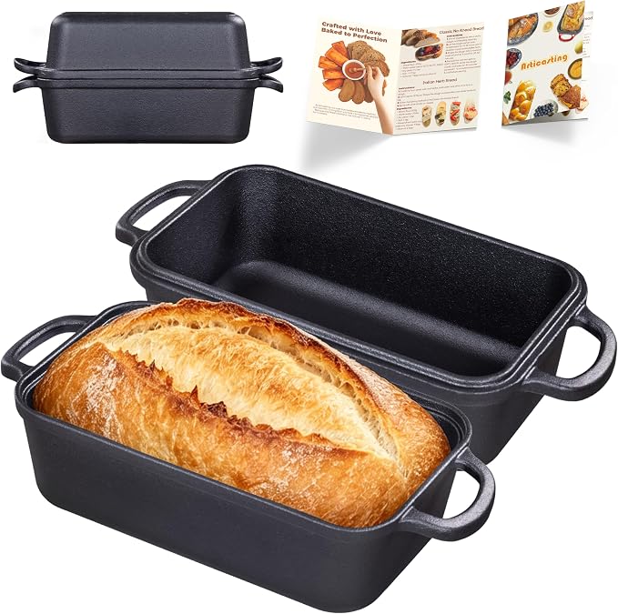 Pre-Seasoned Cast Iron Loaf Pan with Lid, 9x5 Sourdough Pan | Heavy-Duty Cast Iron Loaf Pan with Lid for Sourdough Bread, 9x5 Inch Baking Pan, 2-In-1 Design, Even Heat Distribution, Black