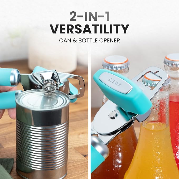 Zulay Kitchen Heavy Duty Stainless Steel Can Opener Manual with Bottle Opener - Rust Proof Manual Can Opener With Turn Knob & Comfy Soft Grip Handles - Turquoise