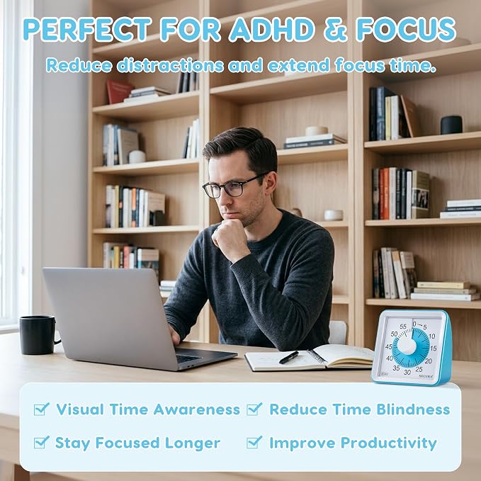 Secura Visual Timer for Kids, 60 Minute Classroom Countdown Timer for Study | Non-Ticking, Adjustable Alarm Volume/Duration, Low Power Reminder, Time Management Tool for ADHD (Blue & Blue)