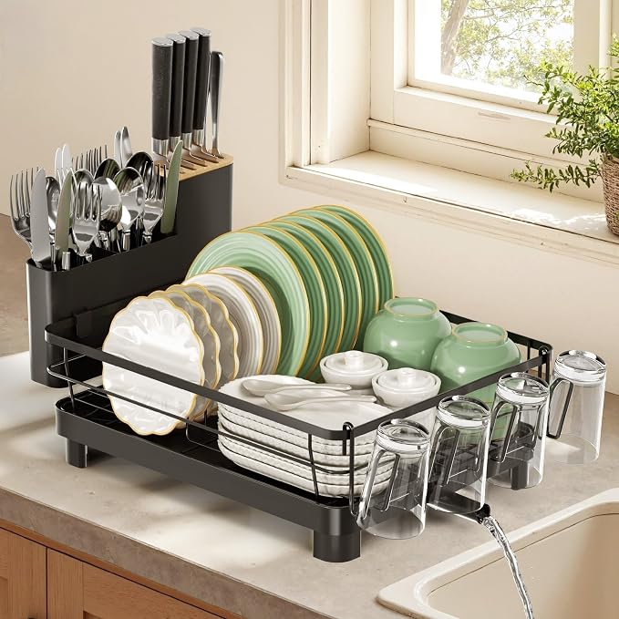 Runnatal Dish Drying Rack with Drainboard for Kitchen Counter and Sink | Large Dish Rack Rustproof Dish Drainer with Detachable 2-in-1 Utensil Holder, Extra Cup Holder, Black