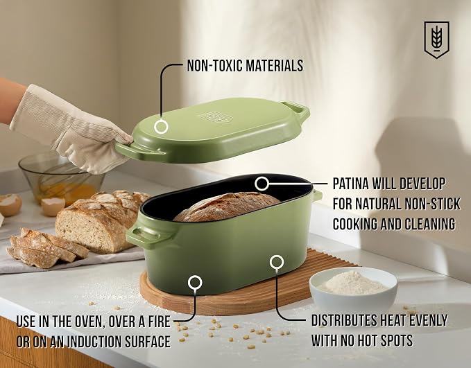 KooK Oval Dutch Oven, for Bread Baking, Sourdough Loaf Pan, Dual Handles, Enameled Cast Iron, with Sling, Dishwasher Safe, 3.4 Qt, Sage Ombre