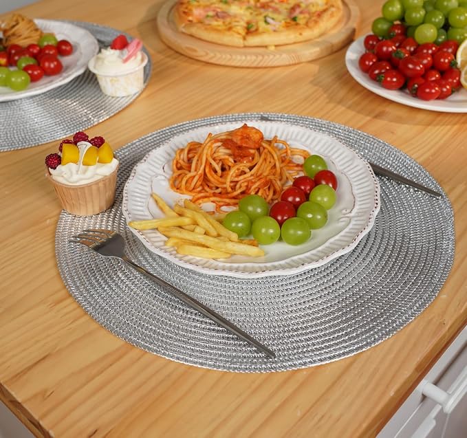 Zupro Round Silvery Placemats Set of 6 Braided 15" Indoor/Outdoor Use | Heat Resistant Non-Slip Washable,for Kitchen Dining Tables Dinner Parties Thanksgiving Christmas and Everyday Use.
