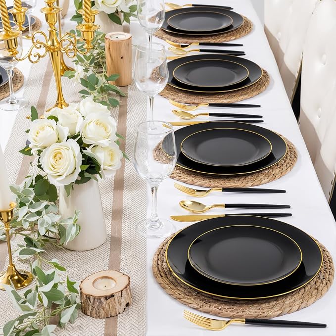 DaYammi 150Pcs Black Plastic Plates with Gold Silverware,Black Disposable Plates Set Included 30 Dinner Plate,30 Dessert plate,30 Knives,30 Forks,30 Spoons,black and gold plates for Party Wedding