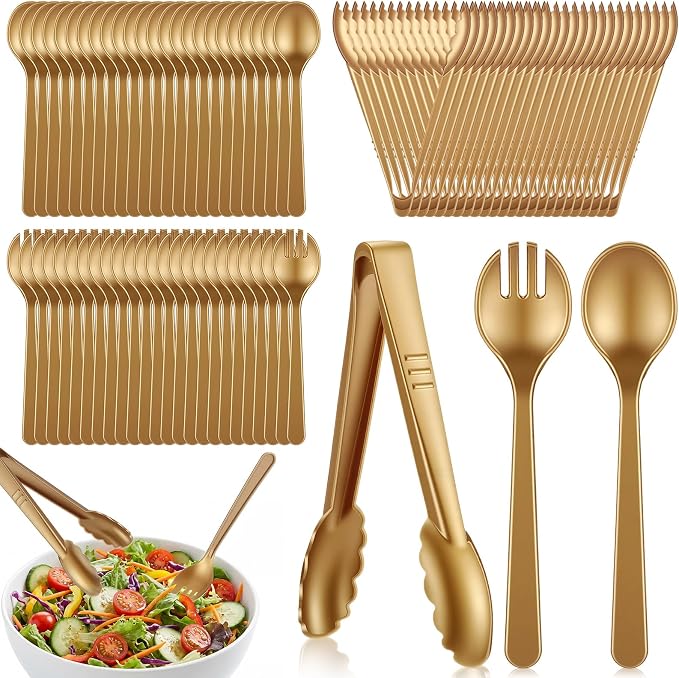 FoldTier 72 Pcs Disposable Plastic Serving Utensils Set Gold Serving Spoons Forks Tongs, Disposable Utensils for Party Weddings Birthday Dinner Buffets Banquets