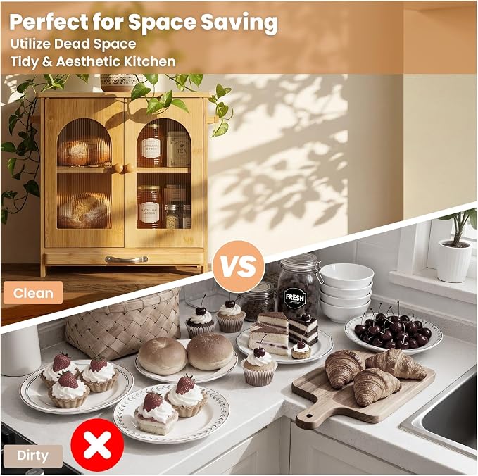 Bread Box for Kitchen Countertop: with Cutting Board Bamboo Storage Container for Homemade Bread, Two Layer Breadbox under Cabinet Mount, Large Bread Holder for Kitchen Counter, Pantry Shelf