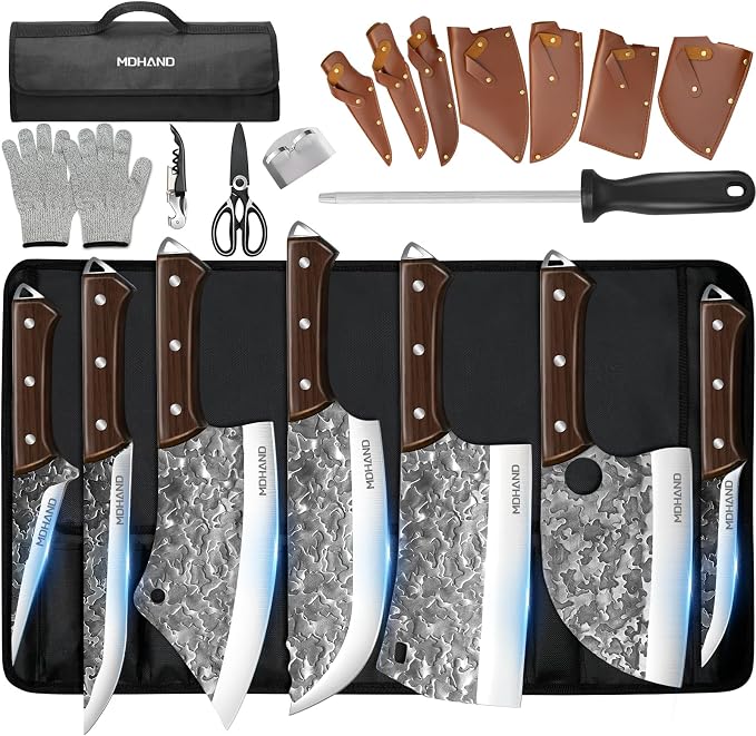 Butcher Knife Set, Hand Forged Butcher Chef Knife Set with Roll Bag | High Carbon Steel 14PCS Meat Cleaver Knife, Bone Chopper Knives, Fillet Knives for Kitchen, Camping Outdoor BBQ, Gift for Men