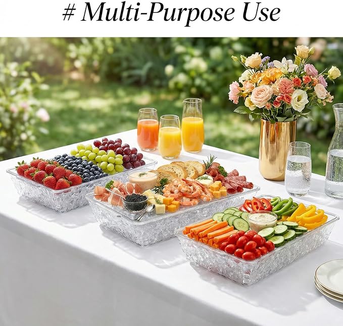 2 Pack Ice Chilled Serving Tray, Plastic Chilled Party Platter for Fruit, Veggie Trays Large Removable Serving Tray for Cold Dish, Ideal for Appetizers, Seafood, Desserts, Charcuterie Board