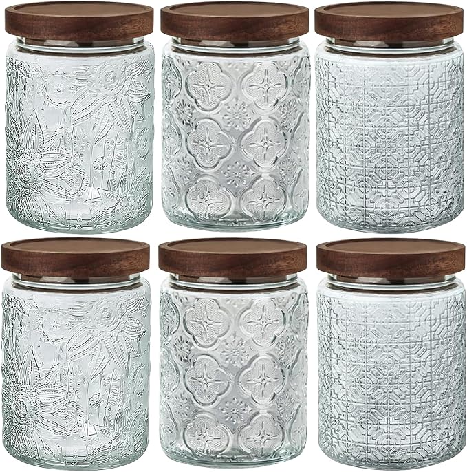Vintage Glass Jar with Lid Airtight Candy Coffee Canister Food Storage Set | 24oz Decorative Container Set with Silicone-Sealed Bamboo Lid, Thick Glass BPA-Free, for Kitchen Stores Sugar Flour-6 Pack