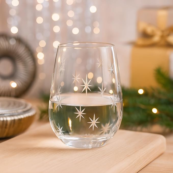 SHOSHIN Stemless Wine Glasses Set of 4 – 18oz Hand-Cut Lead-Free Crystal with Exquisite Star Pattern, Dishwasher Safe, Perfect for Parties and Weddings