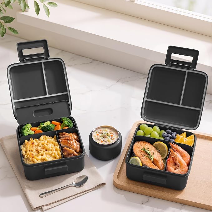 MAISON HUIS Bento Lunch Box with 8oz Soup Thermo and Insulated Lunch Bag, Kids Leakproof Lunch Food Containers with 5 Compartment, Boys Girls Thermo Hot Food Jar for Travel, School, BPA Free (Black)