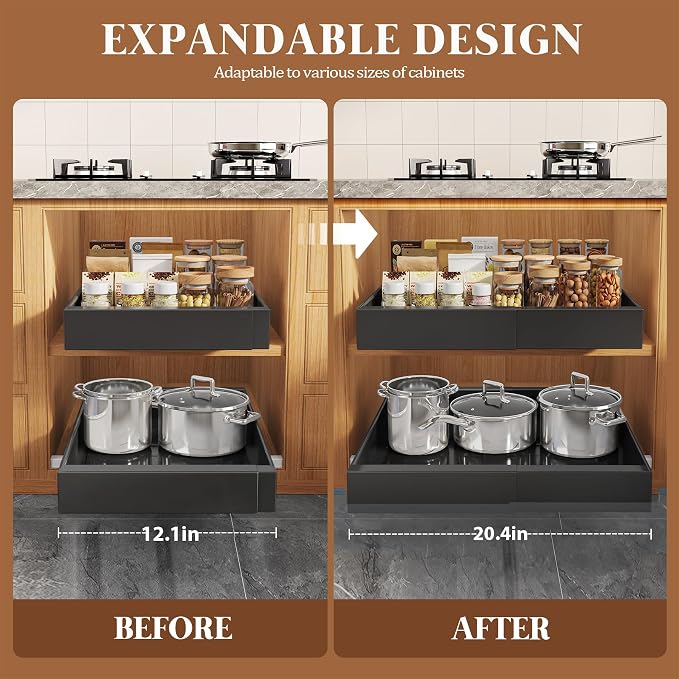 Seinloes 4 Pack Expandable Pull Out Cabinet Organizer 21"Deep With Raising Pad for Framed Cabinets,Upgrade 3 Slide Rails Slide Out Drawers,No Drill Roll Out Shelves,Adjustable Width 12.1"-20.4" Black