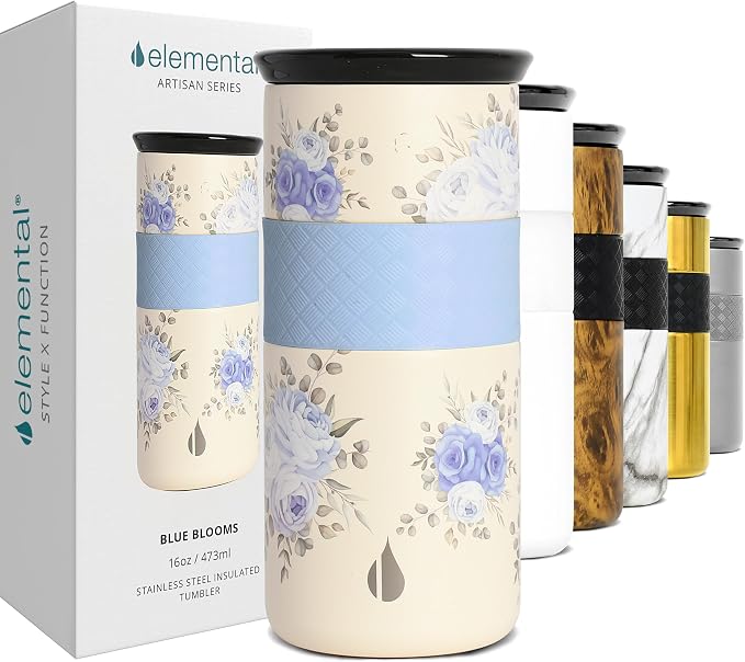 Elemental Artisan 16oz Triple-Wall Insulated Coffee Tumbler w/Ceramic Lid | Triple Wall Coffee Travel Mug, Reusable Stainless Steel Coffee Tumbler; Thermal Coffee Cups for Hot (6 Hrs) & Cold (18 Hrs)