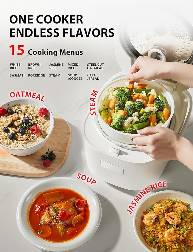 TOSHIBA OriginTaste Rice Cooker 5.5-Cup Uncooked, Fuzzy Logic, 15-in-1 Functions, Digital Display, Delay Timer, Keep Warm, Nonstick Inner Pot, White