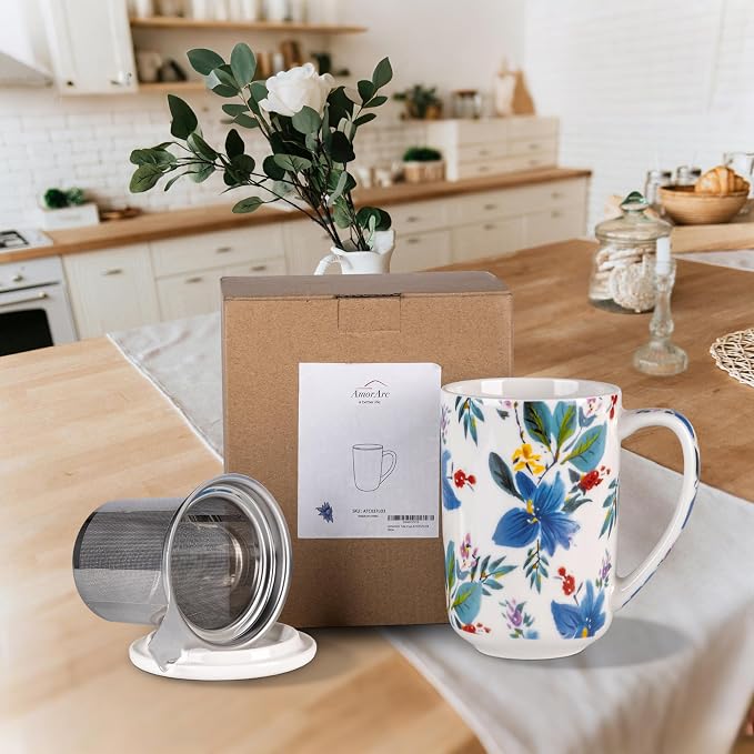 AmorArc Tea Cup With Infuser and Lid, 18oz Loose Leaf Tea Mug With Steeper | Porcelain Tea Mug With Infuser and Lid, Large Strainer Tea Cup with Lid for Tea, Coffee Mug for House-warming Birthday Gift