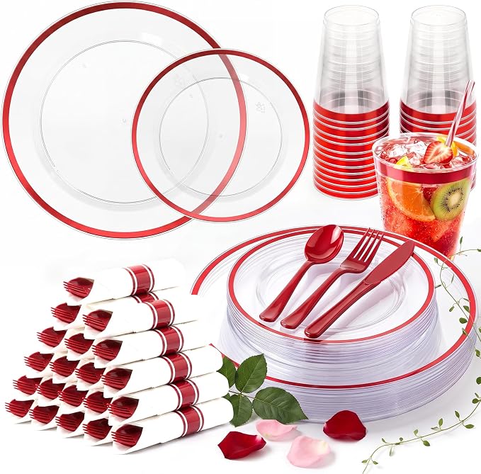 Glowserve 25 Guests 175 PCS Disposable Plastic Plates Clear Dinnerware Sets | 50 Plastic Plates,75 Silverware,25 Plastic Cups,25 Rolled Napkins,for Party Wedding,Red Rimmed Plates