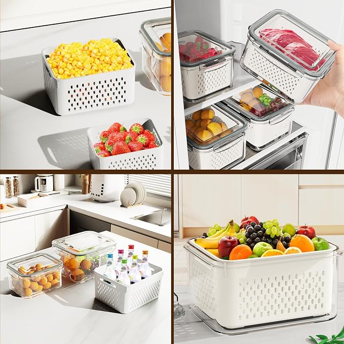 Dayacoco Fruit Storage Containers for Fridge 8 Pcs with Drain Basket | Fridge organizers & storage - 8 fruit containers w/ drain baskets, BPA-free PP, leak-proof seal, stackable, DW/MW safe.