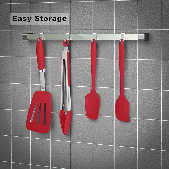 5-Piece Silicone Spatulas Set with Tongs, 446°F Heat Resistant, Red | Steel-core Utensils, Nonstick-safe Silicone Turners and Tongs for Flipping, Grilling, Mixing and Baking, Dishwasher Safe