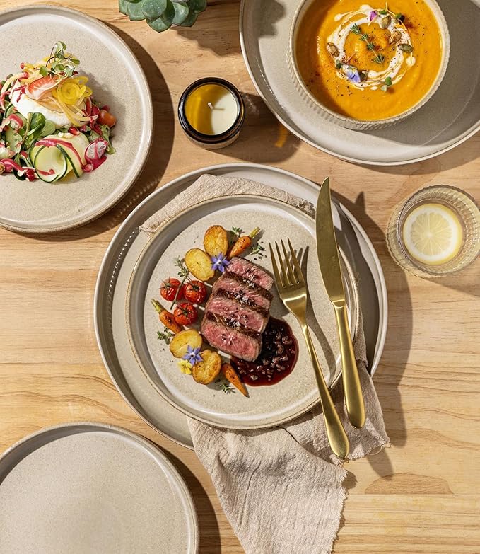 GBHOME Stoneware Dinnerware Sets for 4, 12 Pieces Plates and Bowls Set | Lightweight Ceramic Ribbed Dishes,Reactive Glaze Stackable Plate Set,Scratch Resistant,Microwave & Dishwasher Safe,Cappuccino