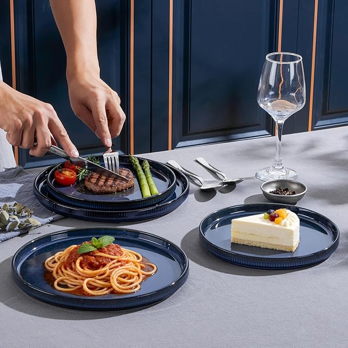LIANYU Dinnerware Sets with Pasta Bowls, 8 Piece Ribbed Plates and Bowls for 2, Modern Ceramic Stoneware Dishes for Kitchen Dining, Microwave and Dishwasher Safe, Twilight Blue