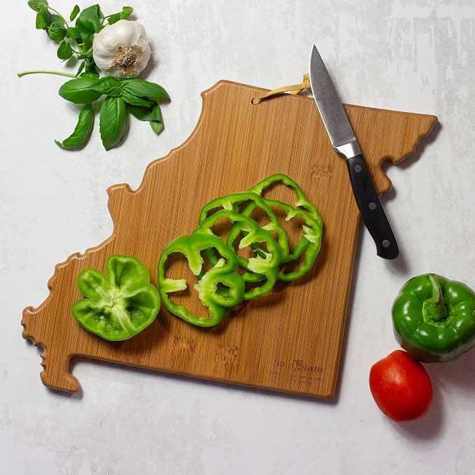 Totally Bamboo Missouri State Shaped Cutting Board, Summer Stokes Art | State charcuterie board with colorful hand-drawn landscape art. Smooth reverse side for food prep. Hang tie for wall display.