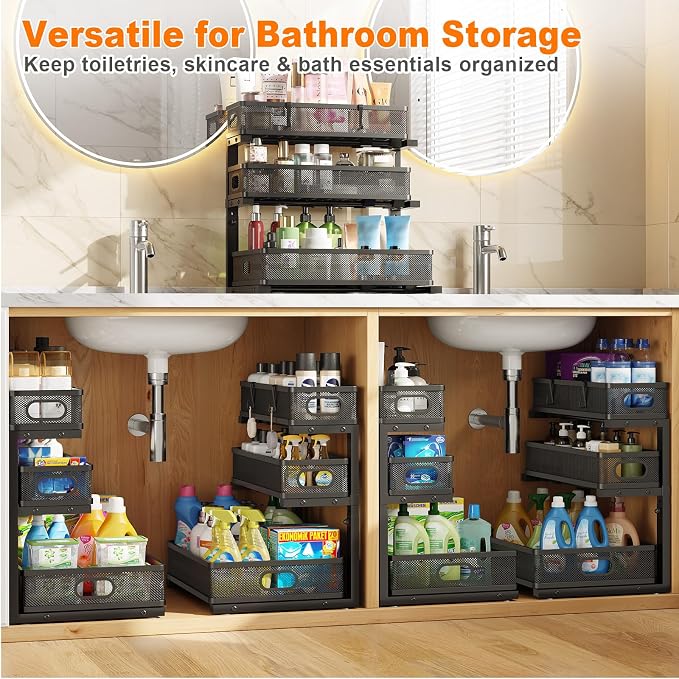 3 Tier Under Sink Organizer,Black Metal Pull Out Kitchen Cabinet Organizers, Slide Out Under Sink Storage Drawers, Undersink Organizer,Bathroom Counter Shelf, Pantry Organization and Storage （2 Pack）