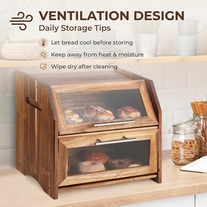 Garvee Acacia Wood Double Layer Bread Box, Clear Acrylic Door | Ventilation Design, Compact Countertop Organizer, Farmhouse/Country/Modern Kitchen Decor Styles