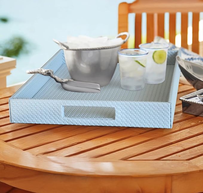 HofferRuffer Rectangle Serving Tray with Hole Handles for Coffee Table, Breakfast, Tea, Food, Butler - Countertop, Kitchen, Vanity Serve Tray, 16.2 x 12.2 x 2 inches, Faux Leather (LightBlue)