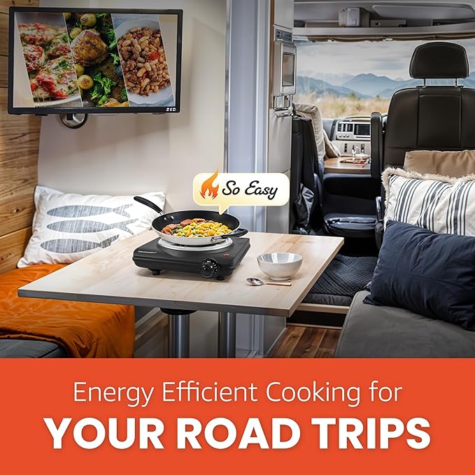 Elite Gourmet ESB100B Single Coiled Burner Hot Plate, Countertop, Black | Adjustable temperature control with indicator light, easy-to-clean design for quick, reliable electric cooking