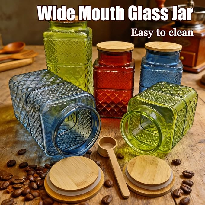 Coriario 1 Gallon Vintage Glass Jar with Lid Wood Spoon Blue Square Glass Storage Canisters Wide Mouth Jars for Food Candy Flour Sugar Cookie Coffee Nuts Decorative