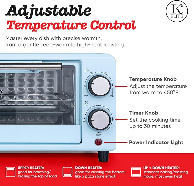 Kitchen Elite 4-Slice Countertop Toaster Oven, Stainless Steel Tray, Blue
